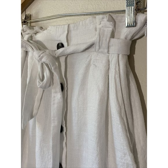 H&M Skirt 4 White Paperbag Linen Belted Tie Front Side Pockets Lined Button - Picture 5 of 12
